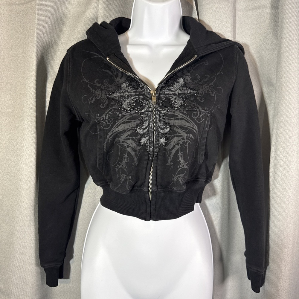 Insomnia Visuals Rhinestone Cross Cropped Zip Up Hoodie Black Mall Goth Y2K S